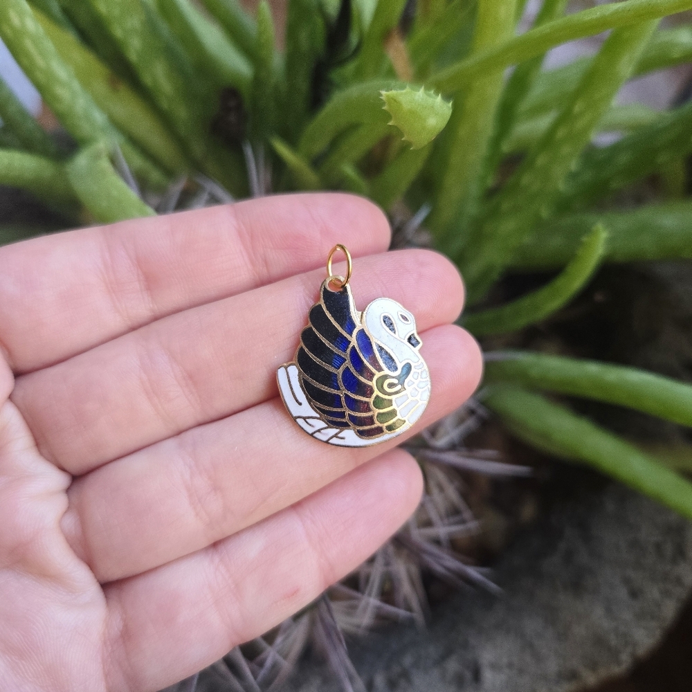 New Dainty Gold Cloisonne Rainbow Swan Pendant